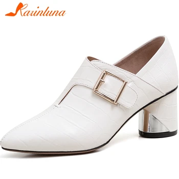 

Karinluna New Fashion 2020 Genuine Cow Leather Pointed Toe Pumps Woman Shoes Buckle Strap Chunky Heels Concise Shoes Women Pumps