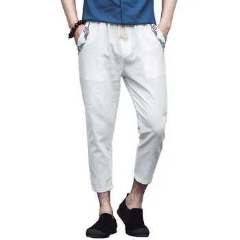 

New Fashion Spring Plaid Ankle-length Pants Men Sweatpants Casual Linen Joggers Trousers black gray