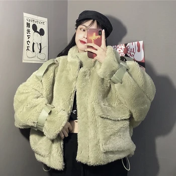 

Autumn Winter Zipper Coat Women Turn-down Collar Pocket Casual Outerwear Thick Warm Fur Lambswool Jacket Camel Hairy Overcoat