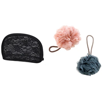 

4 Pcs Accessories: 2 Pcs Small Travel Clutch Makeup Cosmetic Bag Set & 2 Pcs Exfoliating Shower Sponge Ball
