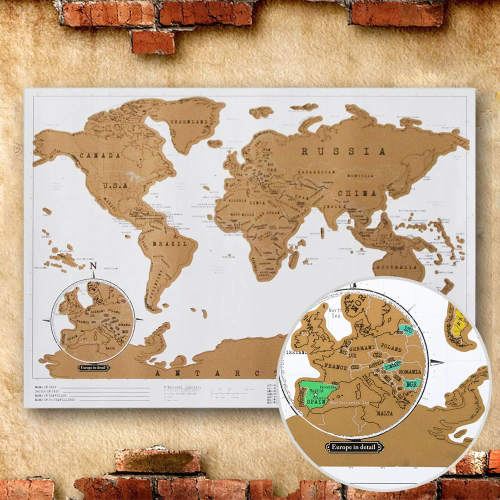 2PCS World Map English Version Yellow Scratch map World Version Scrapable Poster Office School Home Decoration Map