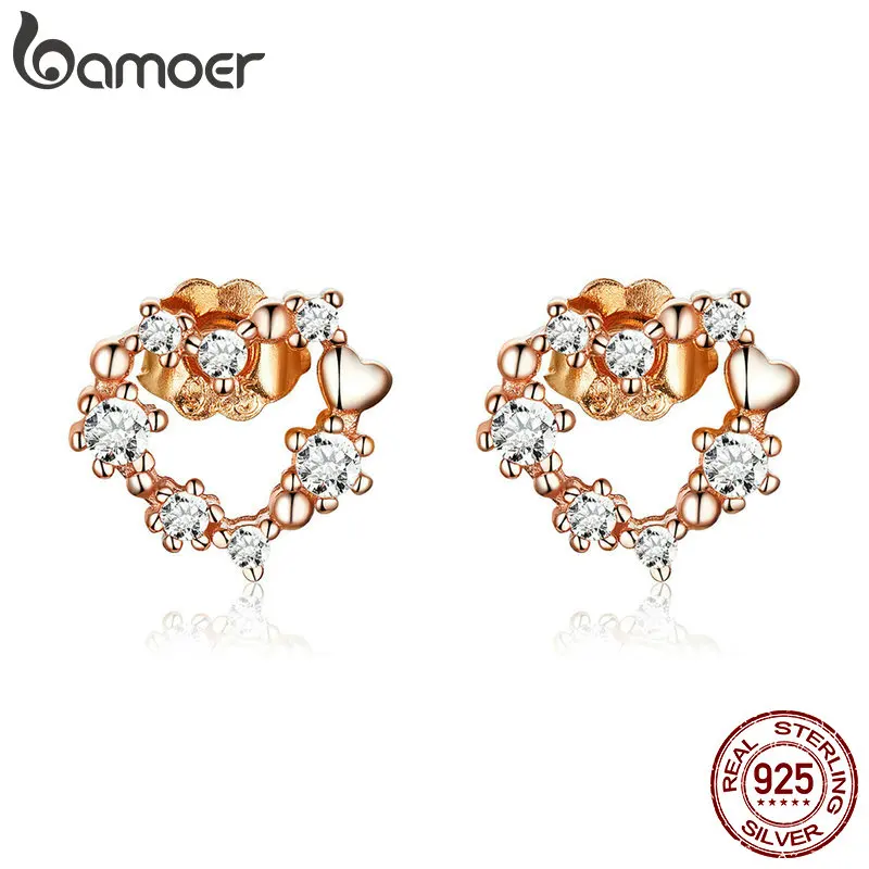 Женские серебряные серьги гвоздики BAMOER из серебра 925 пробы с сияющим сердцем и светящимся кубическим