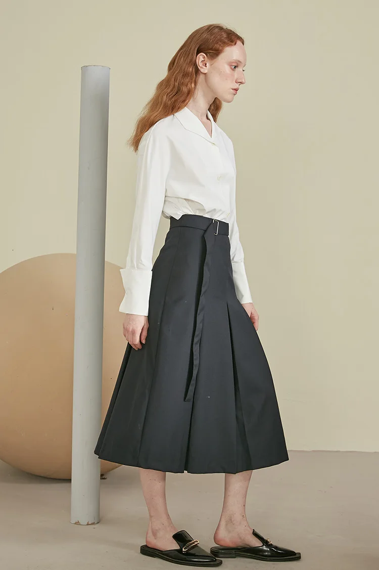[EAM] High Waist Waistbelt Causal Pleated Half-body Skirt Black Women Fashion Tide All-match New Spring Autumn 1A064