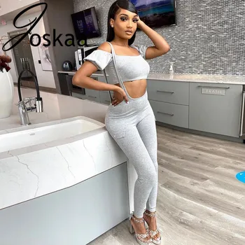 

Joskaa lantern sleeve Sexy off-Shoulder hollow out Slim-Fit Hip-Lift solid Overall skinny Casual Suit women two pieces set