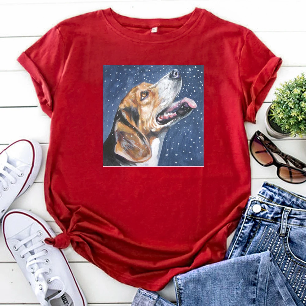 Beagle Christmas Fine Art Painting Tshirts For Women Casual Fashion Womens T Shirt Crewneck Harajuku Women Short Sleeve Tops