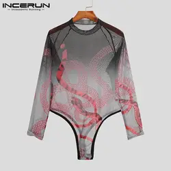 Men Mesh Bodysuit Round Neck Printing Homewear Long Sleeve Cozy Romper 2021 See Through Fashion Sexy Men Bodysuits S-5XL INCERUN
