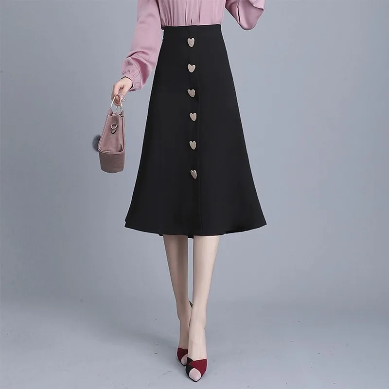 

High Quality Women Mid Long Skirts Sweet Heart Shaped Buttons Irregular High Waist Skirt Woolen Autumn Winter Office Lady Skirt