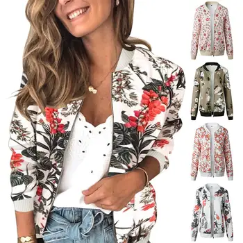 

Spring Autumn Women Jacket Floral Print Long Sleeve Jacket Women O Neck Stand-up Collar Zipper Coat femme veste mujer chaqueta