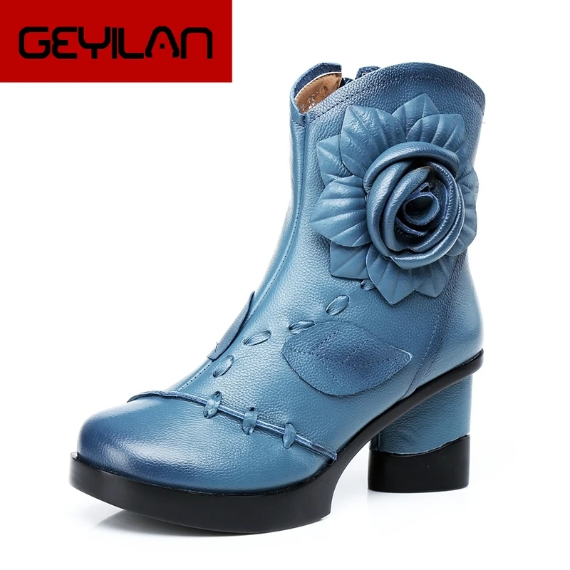 

Women Genuine Leather Boots 2020 Fashion Handmade Retro Boots High Heels Ankle Boots Female Cowhide Floral Shoes
