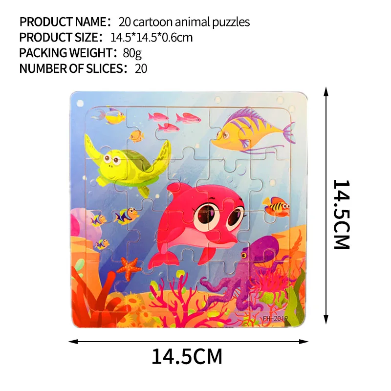 14.5x14.5cm Wooden Puzzle Toy Animals Cow Rabbit Fruits Vehicle Baby Cartoon Jigsaw Puzzles Toys for Children Kids Xmas Gift - Color: 2019