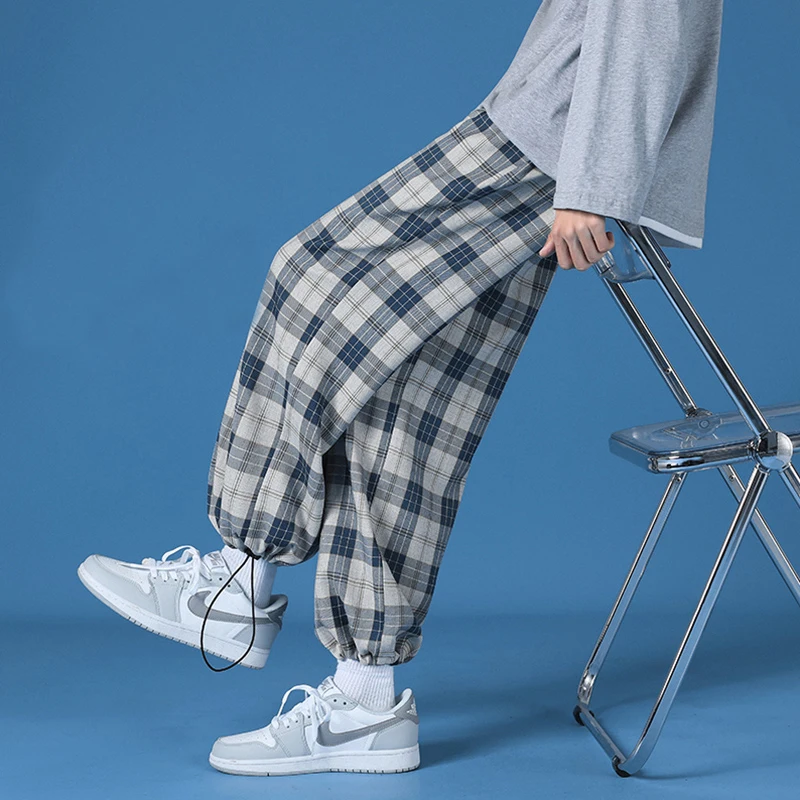 Men New Polyester Loose Japan Harajuku style Grid Wide Pants Men Casual Drawstring Elastic Leg opening Ankle Length Pants