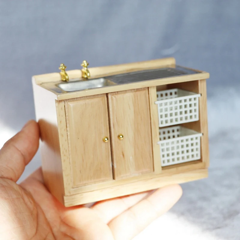 

1:12 Mini Wooden Kitchen Sink Basket Dollhouse Simulation Furniture Bathroom Cabinet Miniature Furniture Model