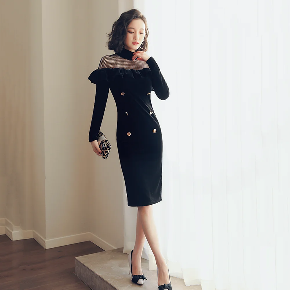 Winter Net Tarn Splice Sexy Hollow Black Velvet One Piece Dress 22 Spring Female Ruffle Office Lady Elegant Party Long Dress Dresses Aliexpress