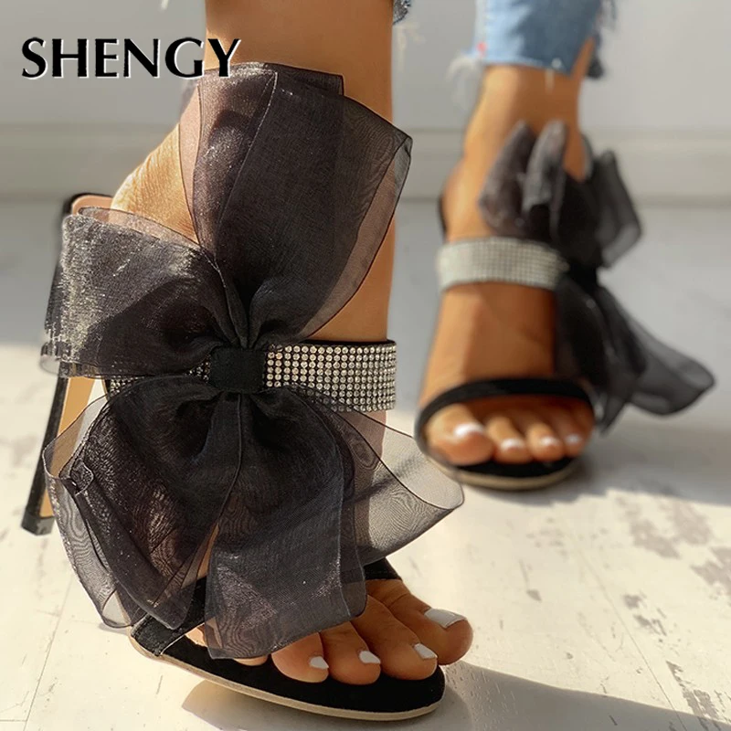 SHENGY/; туфли-лодочки со стразами и бантом; босоножки на высоком каблуке-шпильке; женские вечерние туфли с острым носком; туфли-лодочки для ночного клуба