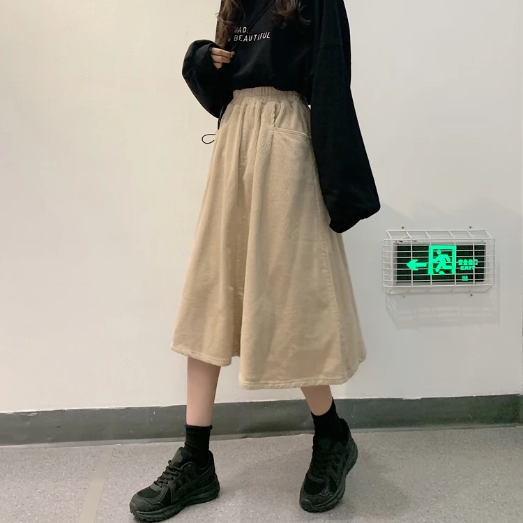 Japanese Mori Girl Autumn Winter Women Midi Skirt High Waist Solid Corduroy Jupe Femme Elegant Vintage Loose Pockets Chic Saias