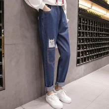 JEANSALLIANCE женские джинсы больших размеров с эластичной талией, штаны-шаровары, повседневные джинсы с вышивкой, женские джинсы с высокой талией