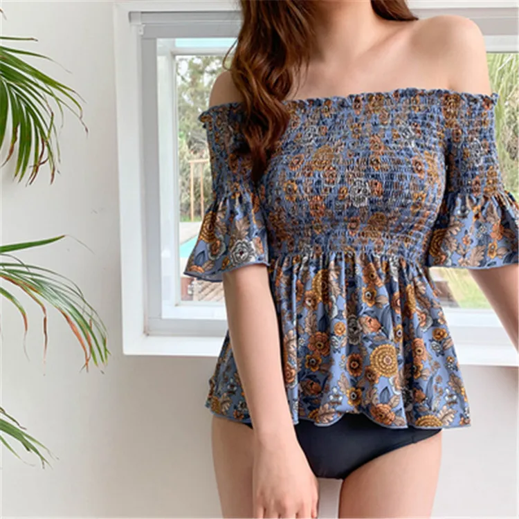 

South Korea New Style INS Cute Flowers Print Horizontal Neck Waist Hugging Two-piece Swimsuits Retro Official Website Celebrity