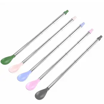 

2 In 1 Telescopic Straw Spoon With Brush Portable Tea Scoop Reusable Colored Stainless Steel Straw Cocktail Coffee Stirring Tool