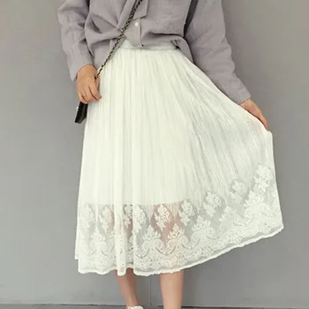 

Women Pleated Skirt Mesh Lace Tulle Skirt High Waist Ladies Sexy Hollow Out Maxi Long White Black Skirts