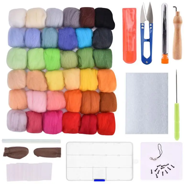 

36/50Pcs Colors Wool Felt Roving Wool Felting Tool Kit Fiber Material with Felt Needle Set Weaving Needlework Spinning Craft Kit