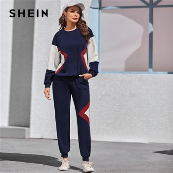 

SHEIN Navy Color Block Pullover and Sweatpants Two Pieces Set Women Spring Autumn Active Wear Drop Shoulder Casual Suit Sets