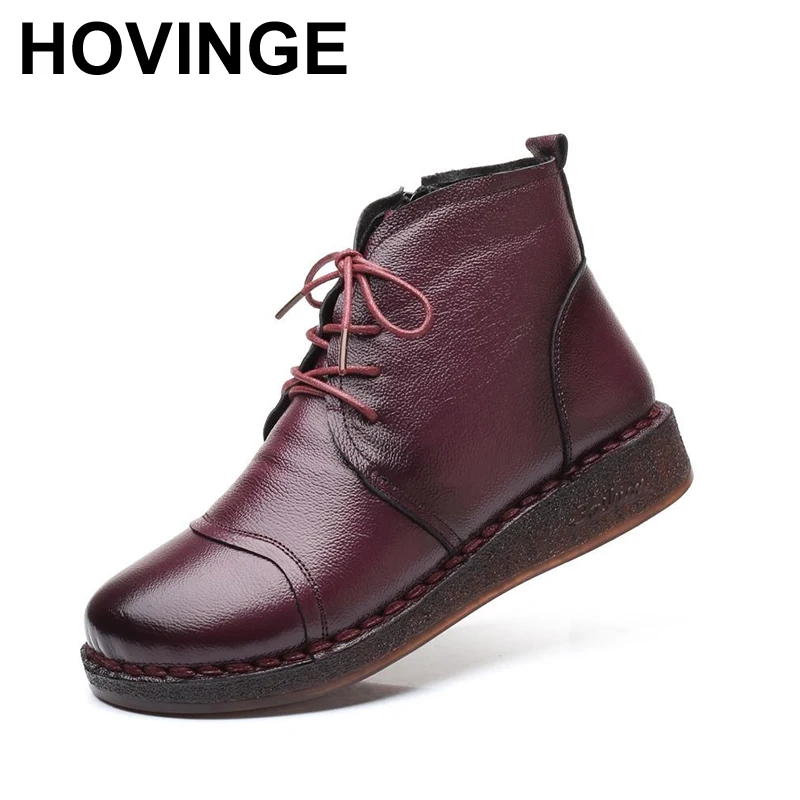 HOVINGE Autumn Lace-Up Genuine Leather Female Short Boot Shoes Women 2019 Winter Plush Non-Slip Side Zipper Boots | Обувь
