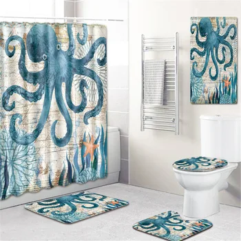 

Shower Curtain Bathroom Mat Toilet Cover Mat Water-Proof Non-Slip Kitchen Pad Five-Piece Carpet