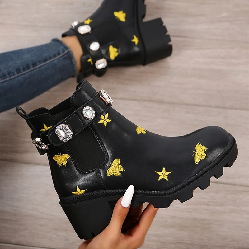 2021 New Women Ankle Boots Crystal Rhinestone Slip On Platform PU Leather Women's Booties Spring Autumn Females Footwear Plus Si Boots near me Boots