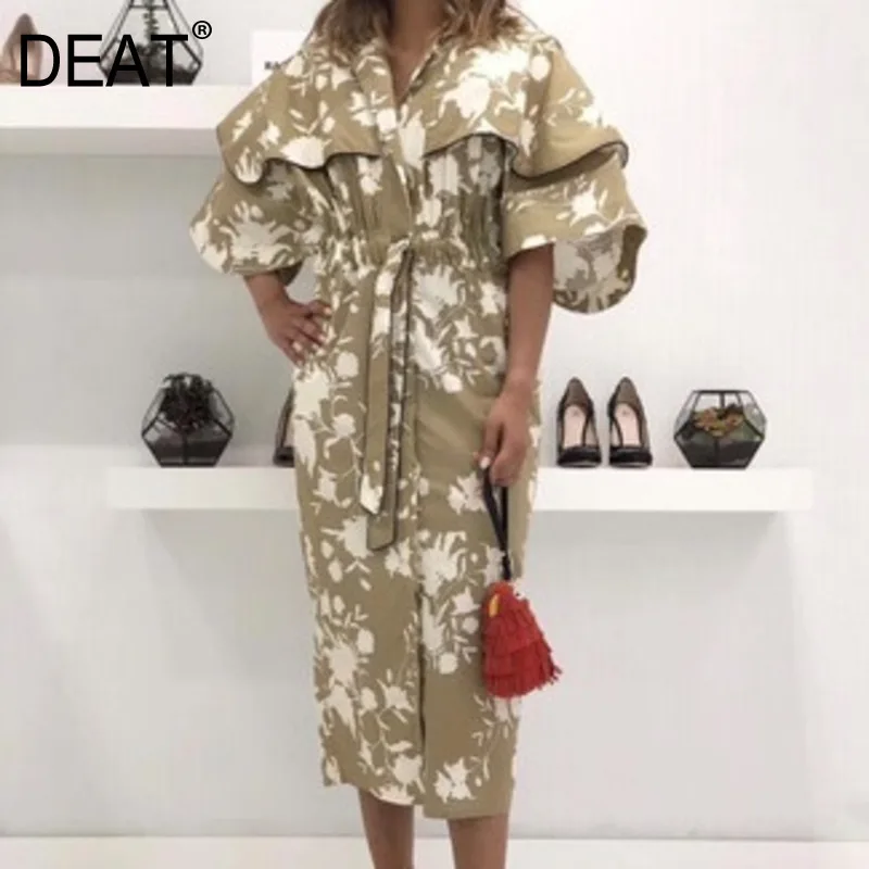 DEAT рукав летучая мышь с отворотом на завязках талии плащ кардиган принтом плюс