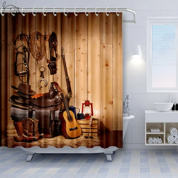 

Vixm Western Decor Shower Curtain by American Texas Country Music Guitar Cowboy Boots USA Folk Culture Fabric Curtains