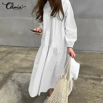 

Plus Size Celmia 2020 Women Autumn Long Sleeve Pleated Robe Party Shirt Dress Casual Loose V Neck Ruffled Maxi Long Vestidos 5XL