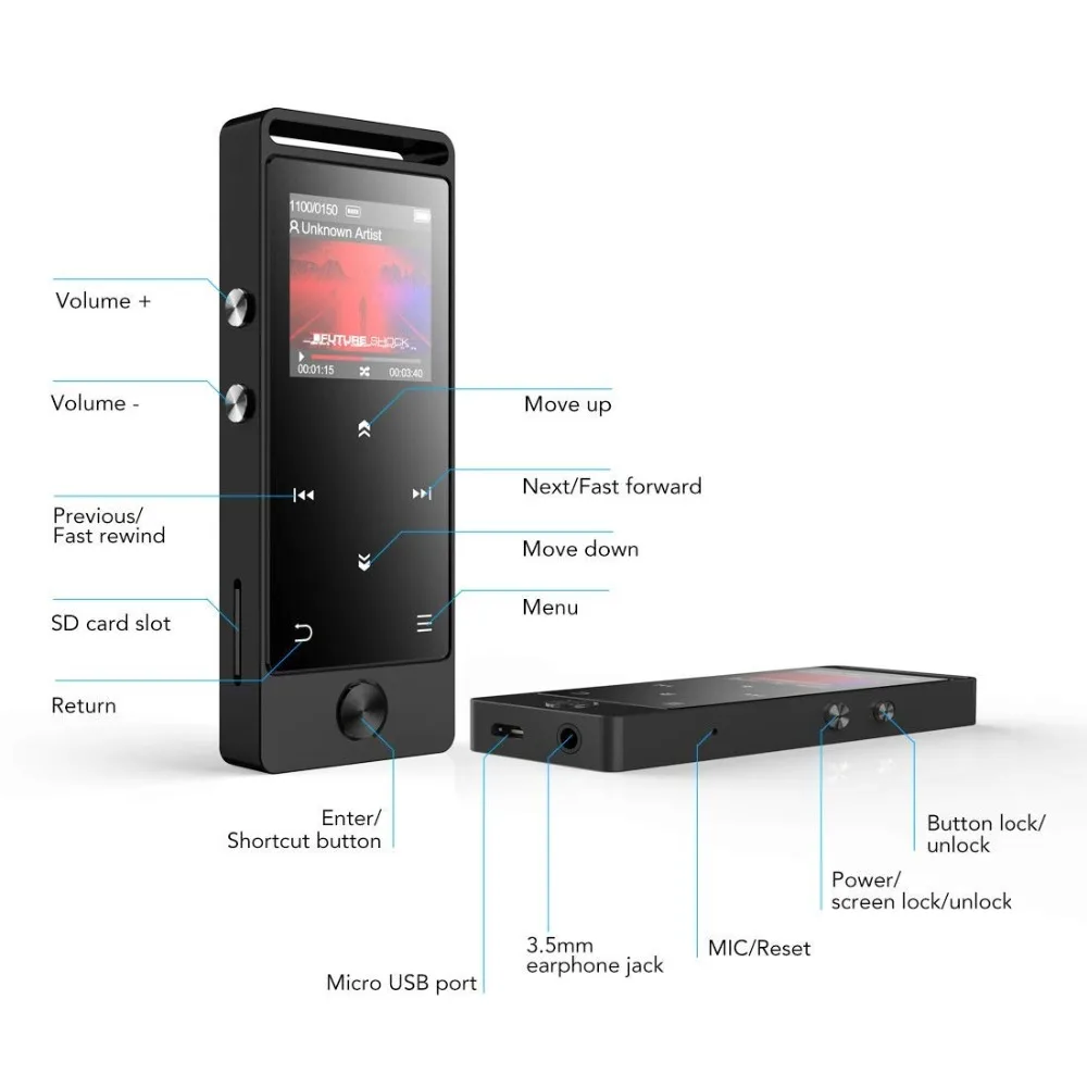 Bluetooth MP3 плеер Металлический музыкальный плеер без потерь сенсорный экран поддержка tf-карты до 64 Гб с fm-радио, запись, электронная книга
