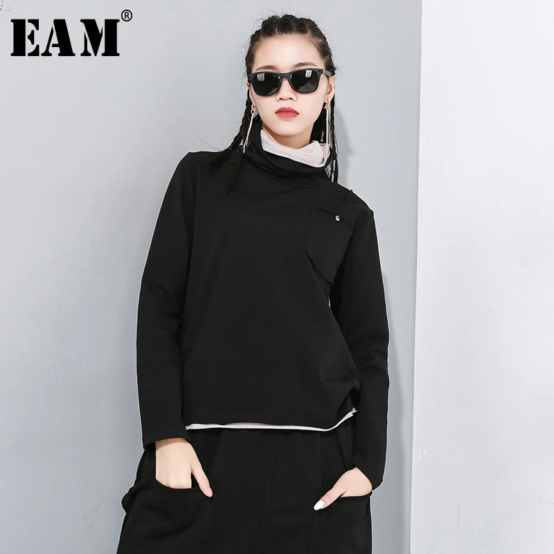 [EAM] Женская Черная футболка с разрезом и карманом, новая модная Водолазка с длинным рукавом, весна-осень, 1N196