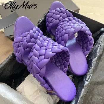 

Runway Fashion Purple Woven-strap Slip-on Mules High Heel Curve Sandals Women Open Toe Slides Kobiety Sandały Leather Shoes