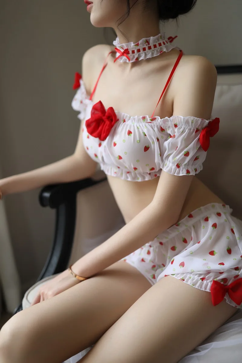 White new cute girl sexy lingerie Japanese strawberry pajamas suit night suit women sleepwear