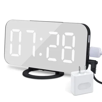 

Modern Alarm Clock with USB Charger Ports Digital Mirror Alarm Clock Bedroom Wall LED Time Clock Alarm Clocks Plug in Clock US P