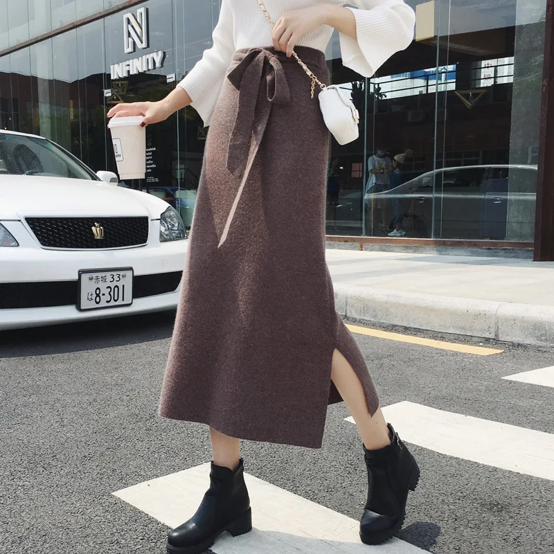 

2019 Autumn And Winter New Style Korean-style Slit Knitted High-waisted Medium-length Dress Rabbit Fur Skirt