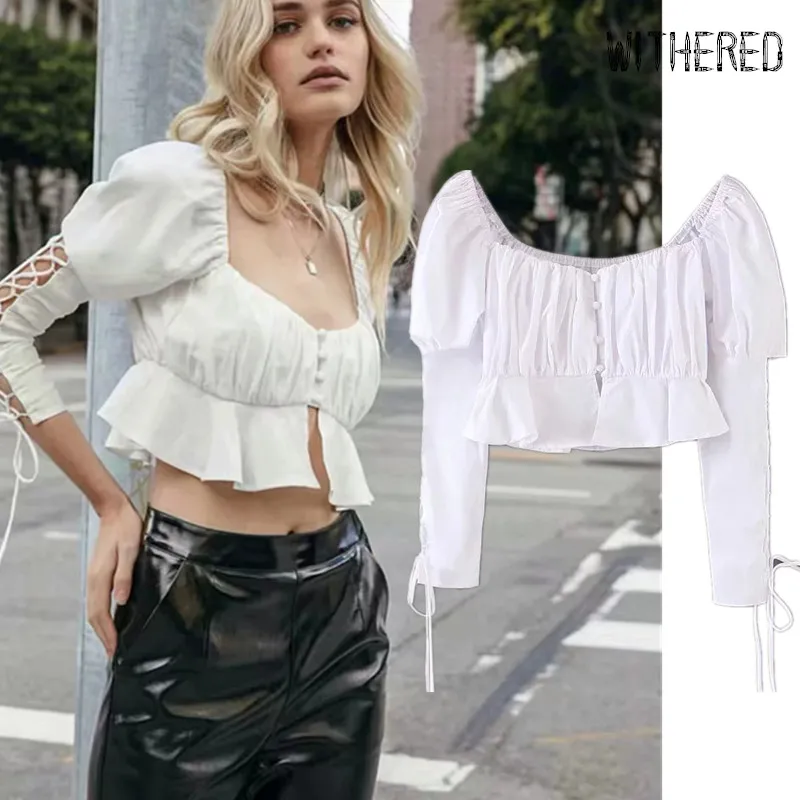 Увядшие ins Винтаж блоггер blusas mujer de moda Сексуальный Бандаж квадратный воротник кимоно короткие блузки женские топы и блузки