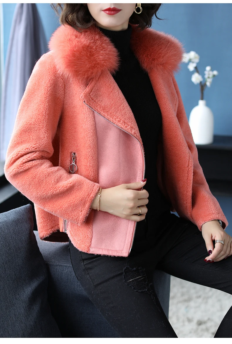 AYUNSUE, натуральное меховое пальто, зимнее пальто для женщин, Воротник из натурального Лисьего меха, шерсть, пальто для женщин, овчина, меховая куртка, манто Femme M667
