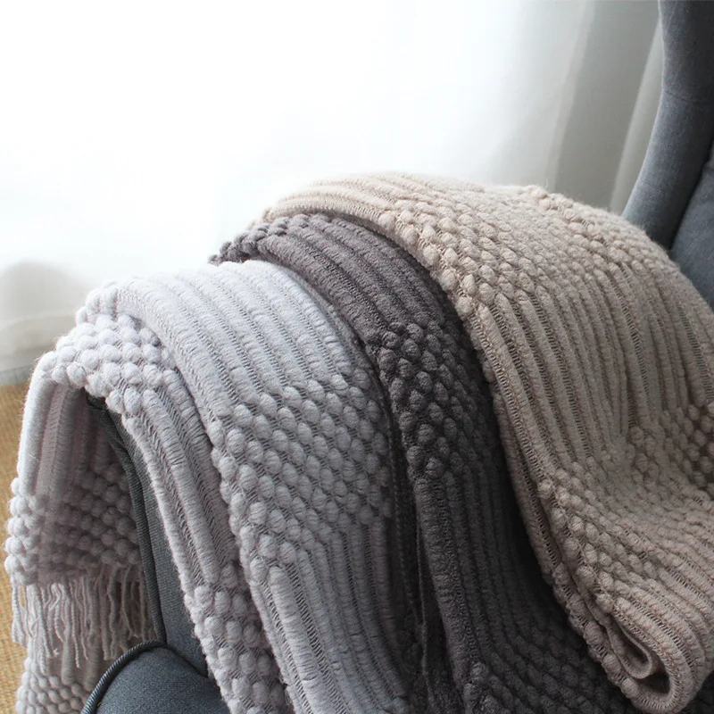 Europe Plaid Knit Air Conditioner Cover Nap blanket Comfortable warm tassel Nordic solid color Blankets for Beds Sofa black gray-1