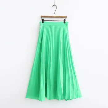 

Women Solid Green Pleated Midi Skirt Faldas Mujer Side Zipper Fly Design Female Stylish Casual Wear A Line Skirts