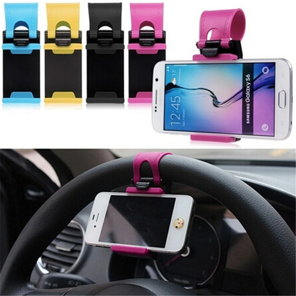 

Car Phone Holder Mounted on Steering Wheel Cradle Smart Mobile Phone Clip Mount Holder Rubber Band For Samsung iPhone