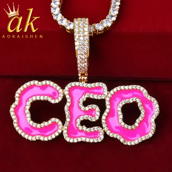 

Solid Back Custom Name Pink Oil Bubble Letters Pendant Necklaces For Men Women Bling Cubic Zircon Hip Hop Rokas Jewelry