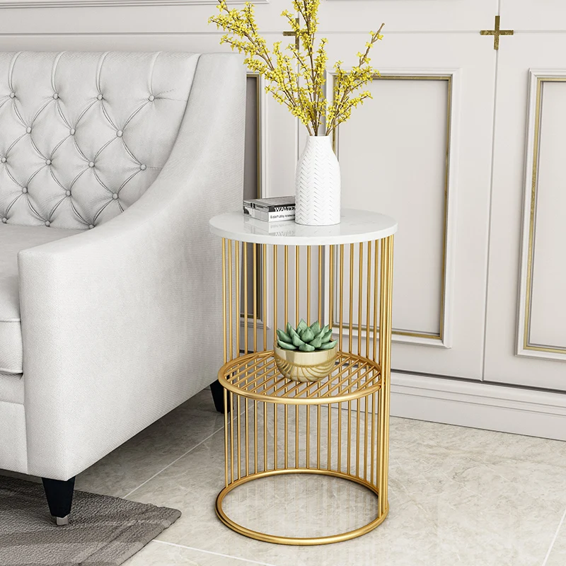 Table d'appoint en marbre nordique salon simple canapé d'angle petite table ronde table de chevet en fer double couche côté doré ca