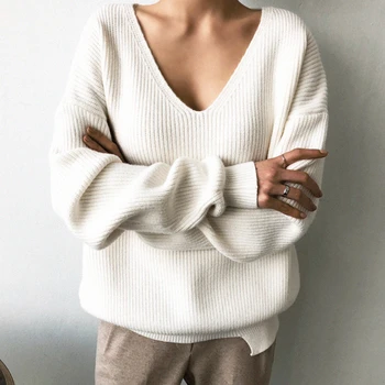 

Womens Loose Pullover Sweatershirt Long Sleeve Coat Autumn Ladies V neck Sweater Casual Solid color V neck Ladies Sweaters