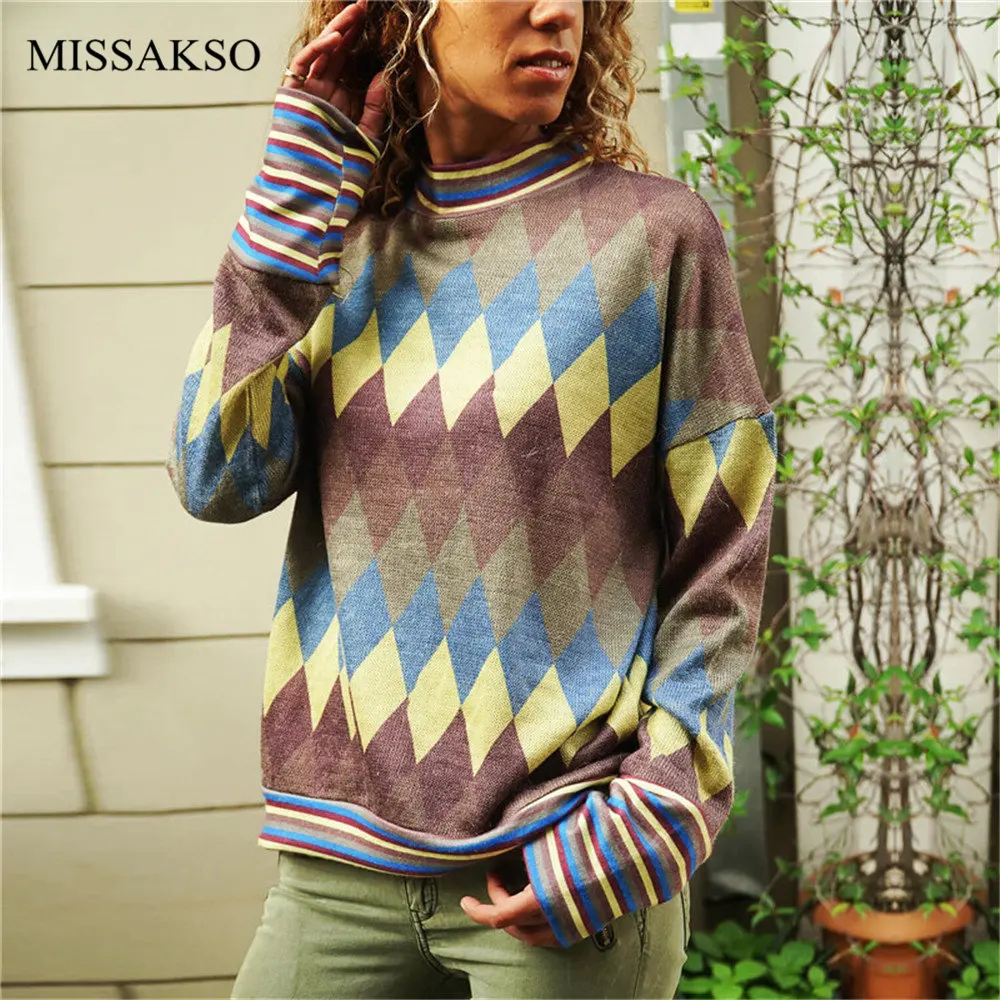 

Geometric Print Women Blouses Long Sleeve Shirt Casual Loose Stand Collar Plus Size Autumn Winter Blouse Knitted Top Blusas