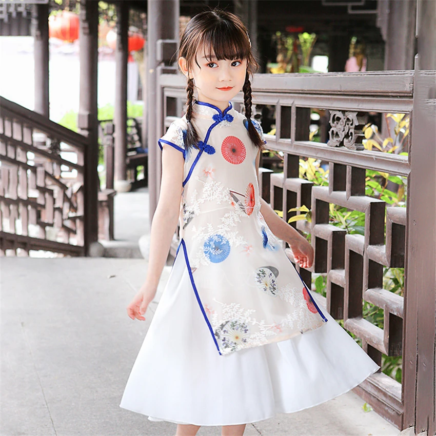 Girl Traditional Chinese Cheongsam Hanfu Dress Kids Princess Costume Wedding Aodai Children Qipao Floral Vestidos Evening Party