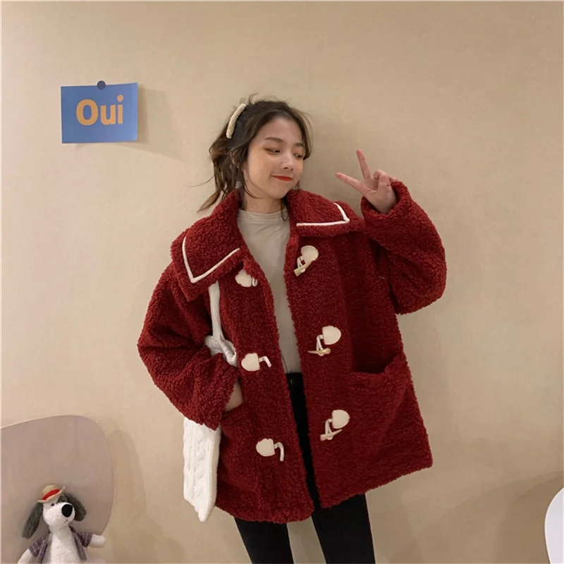 

Japanese Sweet Casual Red Women Jacket 2020 Autumn Winter Cute Kawaii Hoodies Preppy Style Oversize Loose Ladies Coats Outerwear