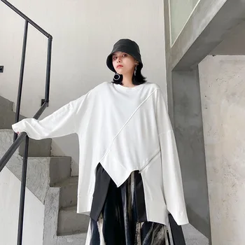 

Z-zoux Women T Shirt Irregular Long SleeveCotton Black White Asymmetry Plus Size Loose Long T Shirt Women Black White Tops 2020