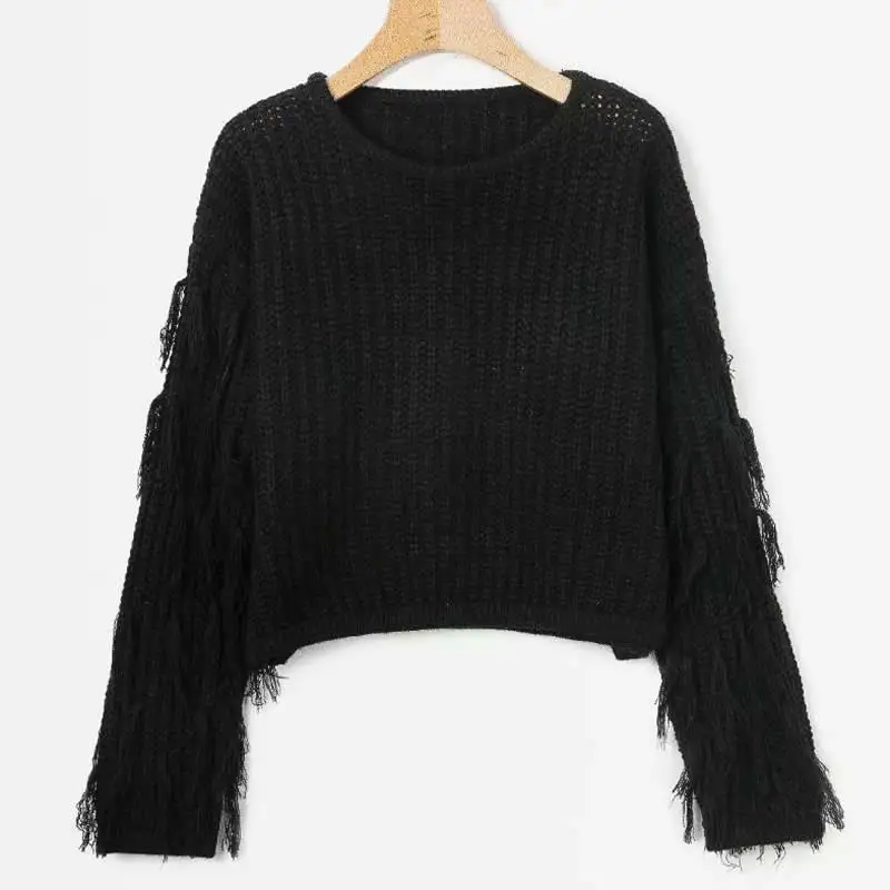 

Knitted Cotton Tassels Women Sweater Women Fashion Loose Plain Dyed Pullovers Casual Round Neck Women Sweater With Tassels